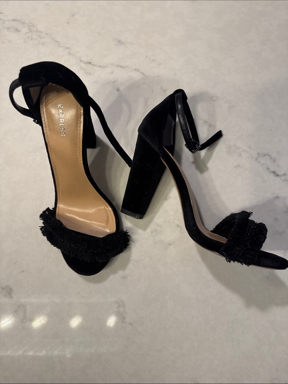 Express Black Fringe Block Heel Sandals with Ankle Tie